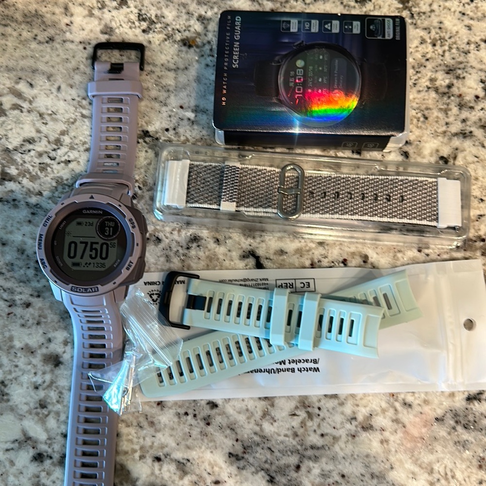 Garmin Instinct Solar GPS watch w/ 2 brand new bands & screen protection set.